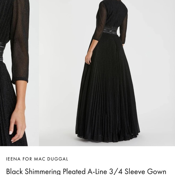 Mac Duggal Black Shimmering Pleated A-Line 3/4 Sleeve Gown - Picture 10 of 11